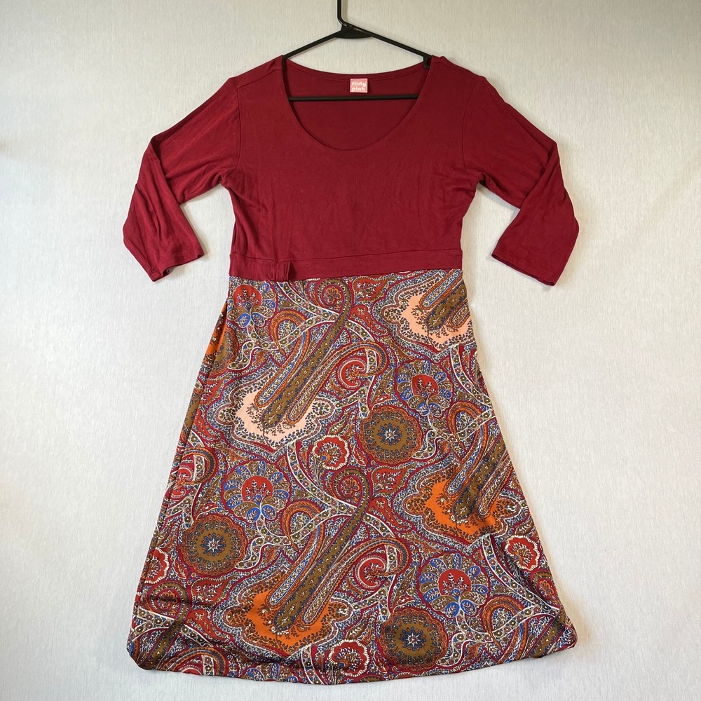 Flirty Pink L Paisley Empire Waist Dress Burgundy Red 3/4 Sleeve Boho Scoop Neck